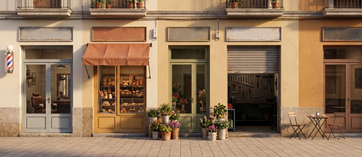 Calle comercial de barrio con una barbería, una panadería, una floristería, un taller mecánico y una cafetería al atardecer.