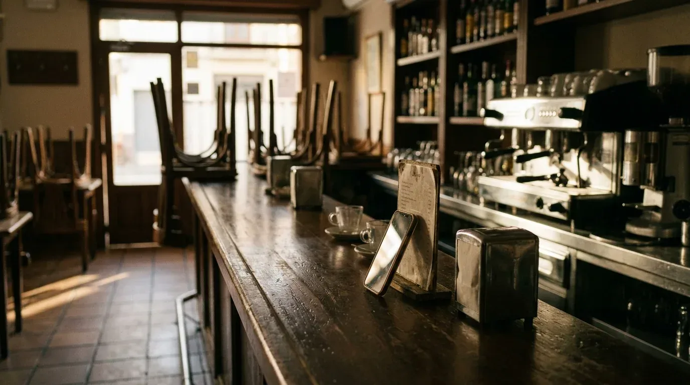 Un bar a primera hora, con la barra recogida, la cafetera y un soporte de cartas junto a un móvil apoyado en él