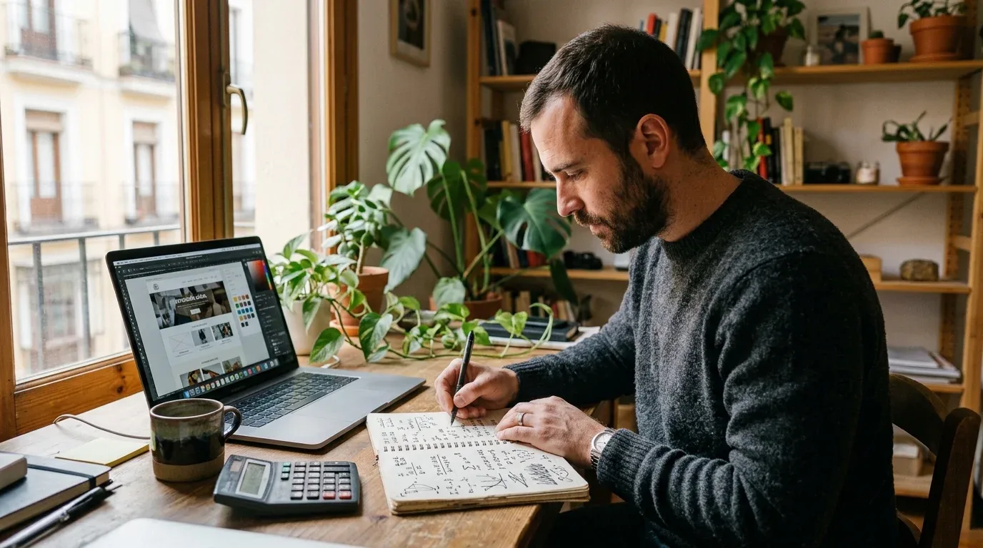 Un diseñador web calcula su tarifa en una libreta junto a la ventana, con una calculadora, un café y el portátil abierto con el diseño de una web