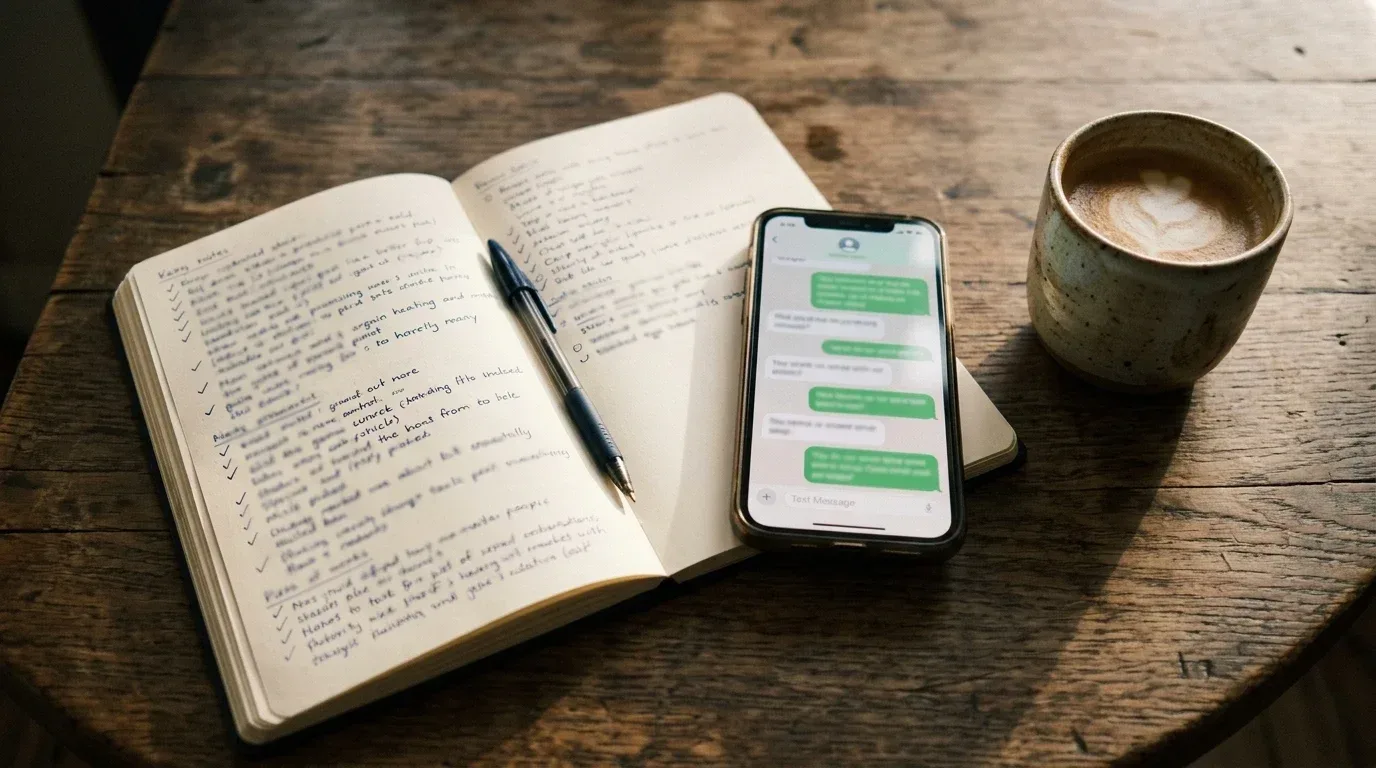 Un cuaderno abierto con anotaciones manuscritas y marcas de verificación junto a un móvil con una conversación de chat, sobre una mesa de madera con una taza de café