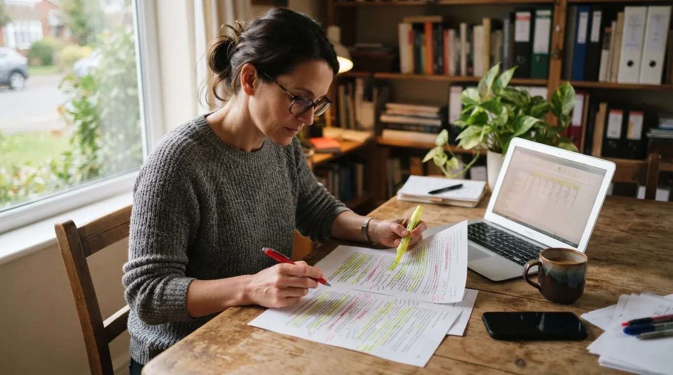 Una mujer revisa con un rotulador fosforito y un bolígrafo rojo una lista impresa de negocios, con un portátil y un café sobre la mesa