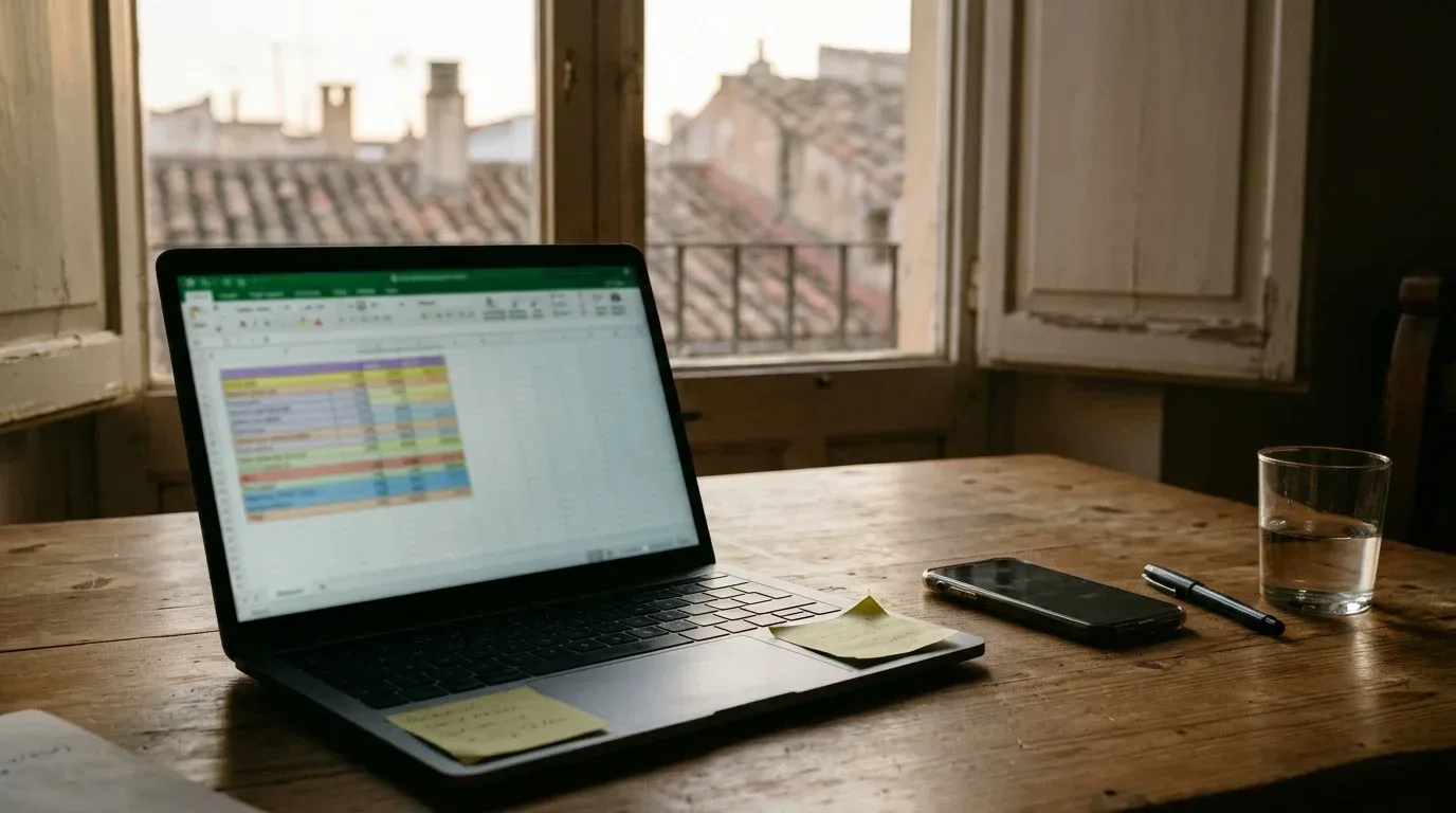 A laptop with a blurred spreadsheet and sticky notes on a table at dusk