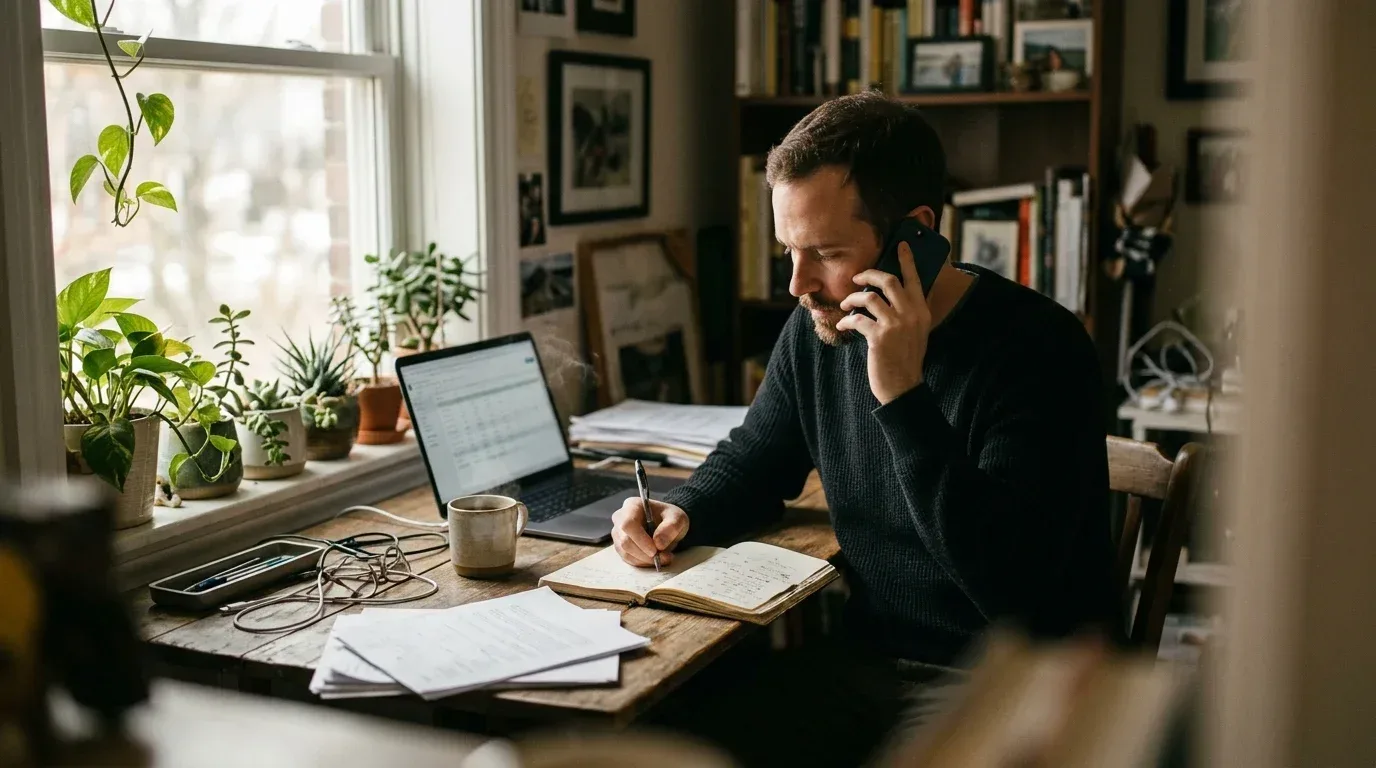 Un hombre llama por teléfono sentado a una mesa junto a una ventana, con un cuaderno de notas manuscritas, una taza de café y un portátil con una hoja de cálculo