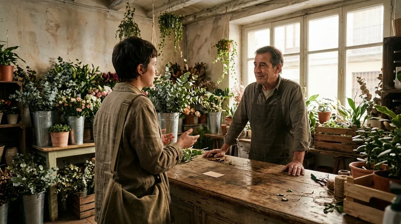 Un profesional autónomo y el dueño de una floristería conversan sobre el mostrador, con una tarjeta de visita sobre la madera y plantas y flores alrededor