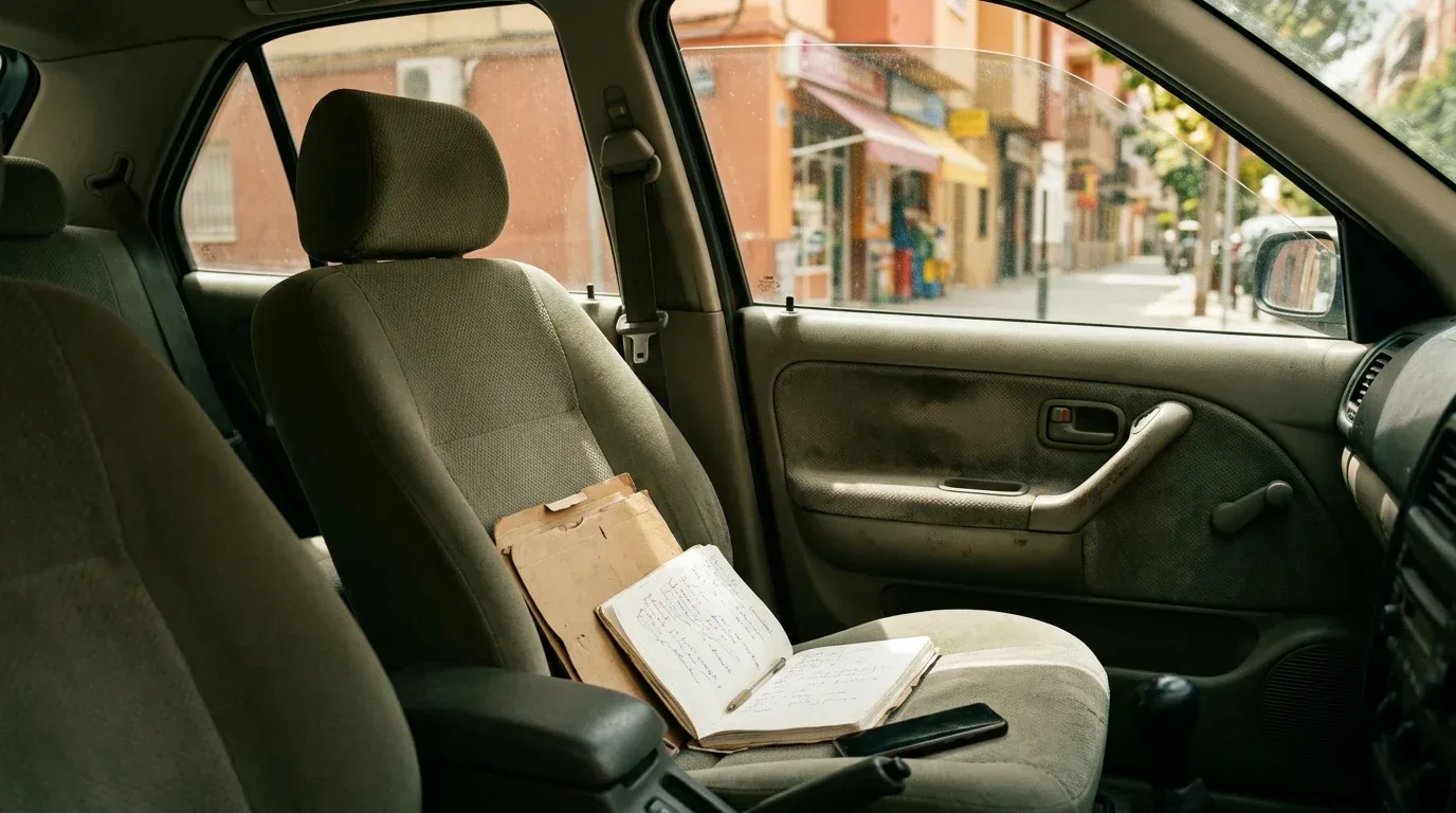 Asiento del copiloto de un coche aparcado en una calle con un cuaderno abierto, una carpeta de cartón y un bolígrafo, con luz de mediodía