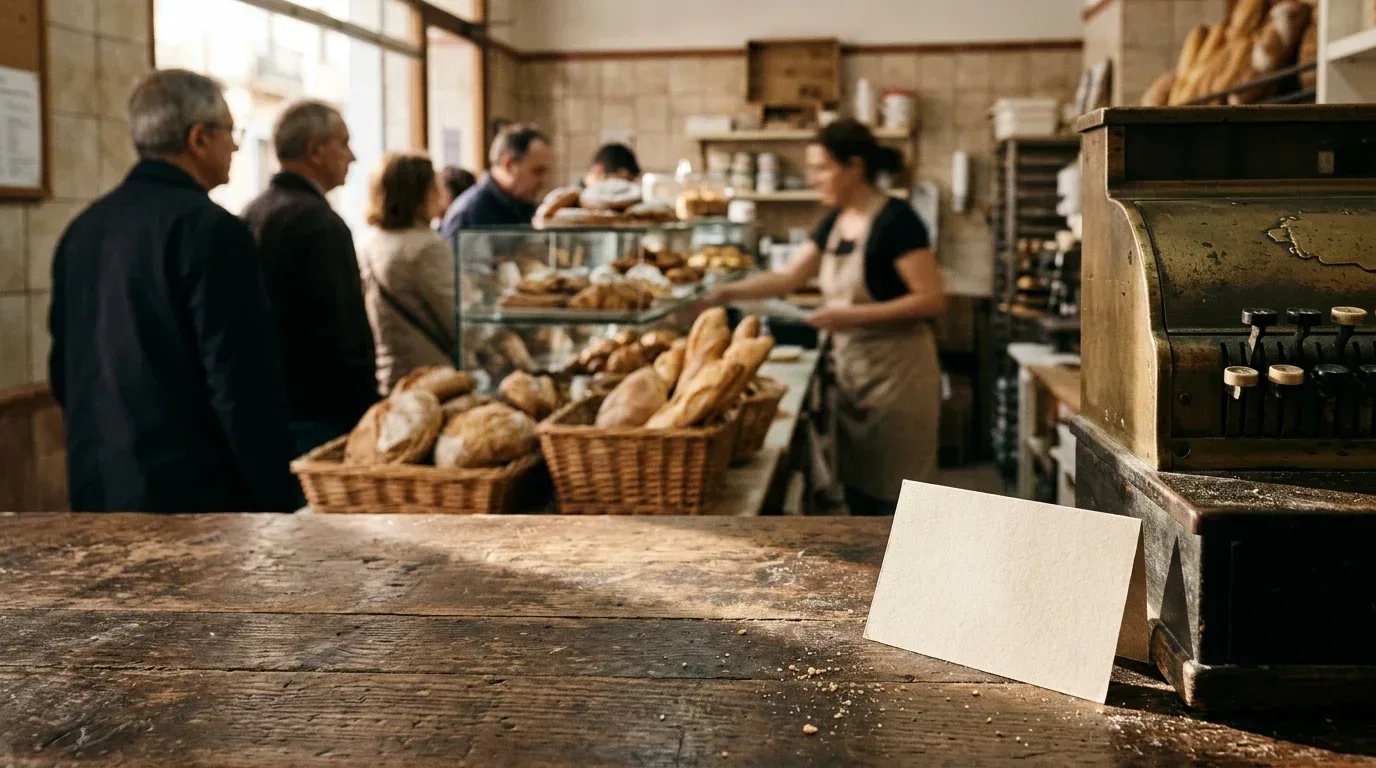 A neighbourhood bakery counter with customers waiting and a business card resting next to the till