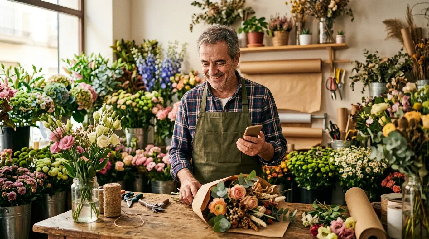 El dueño de una floristería sonríe mientras mira un pedido en su móvil detrás del mostrador, con un ramo envuelto en papel kraft a medio preparar