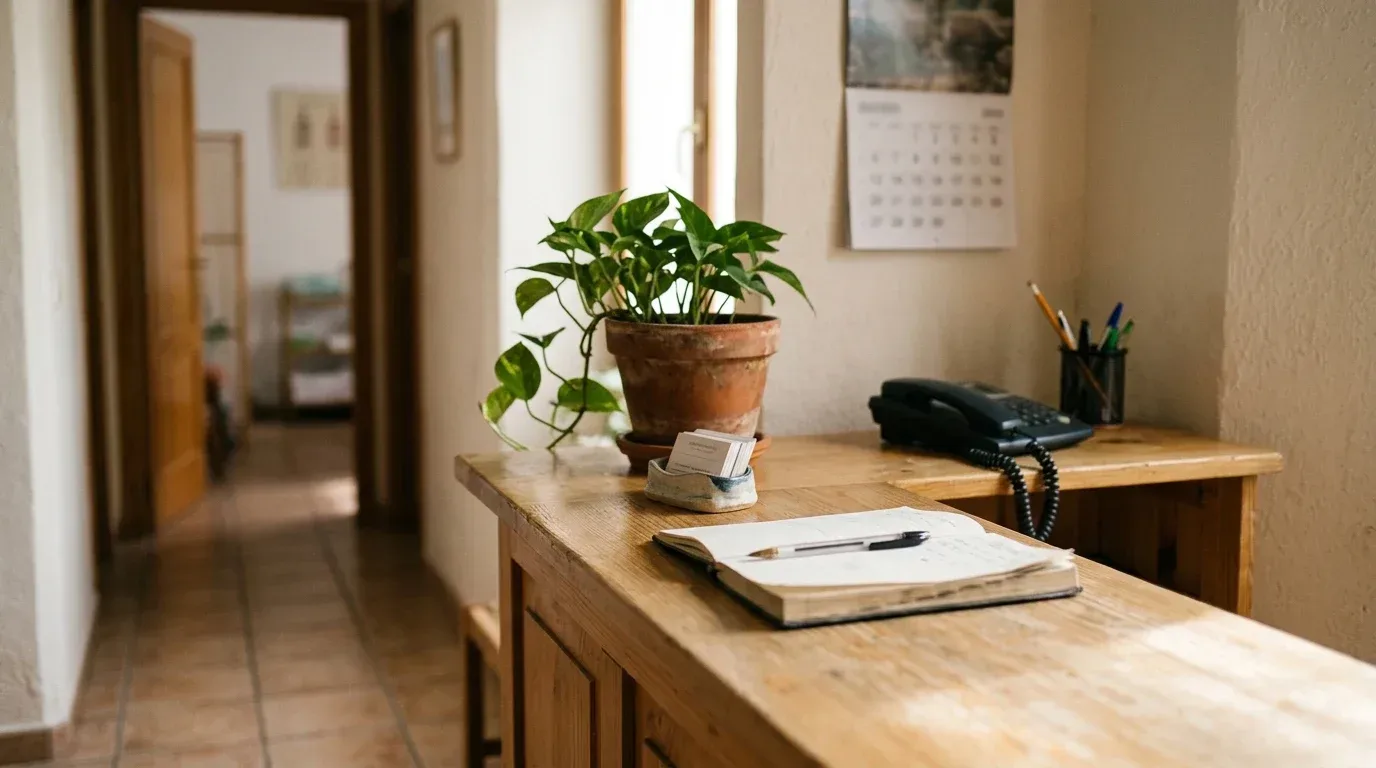 La mesa de recepción de una clínica con tarjetas de cita, una planta y un calendario de pared