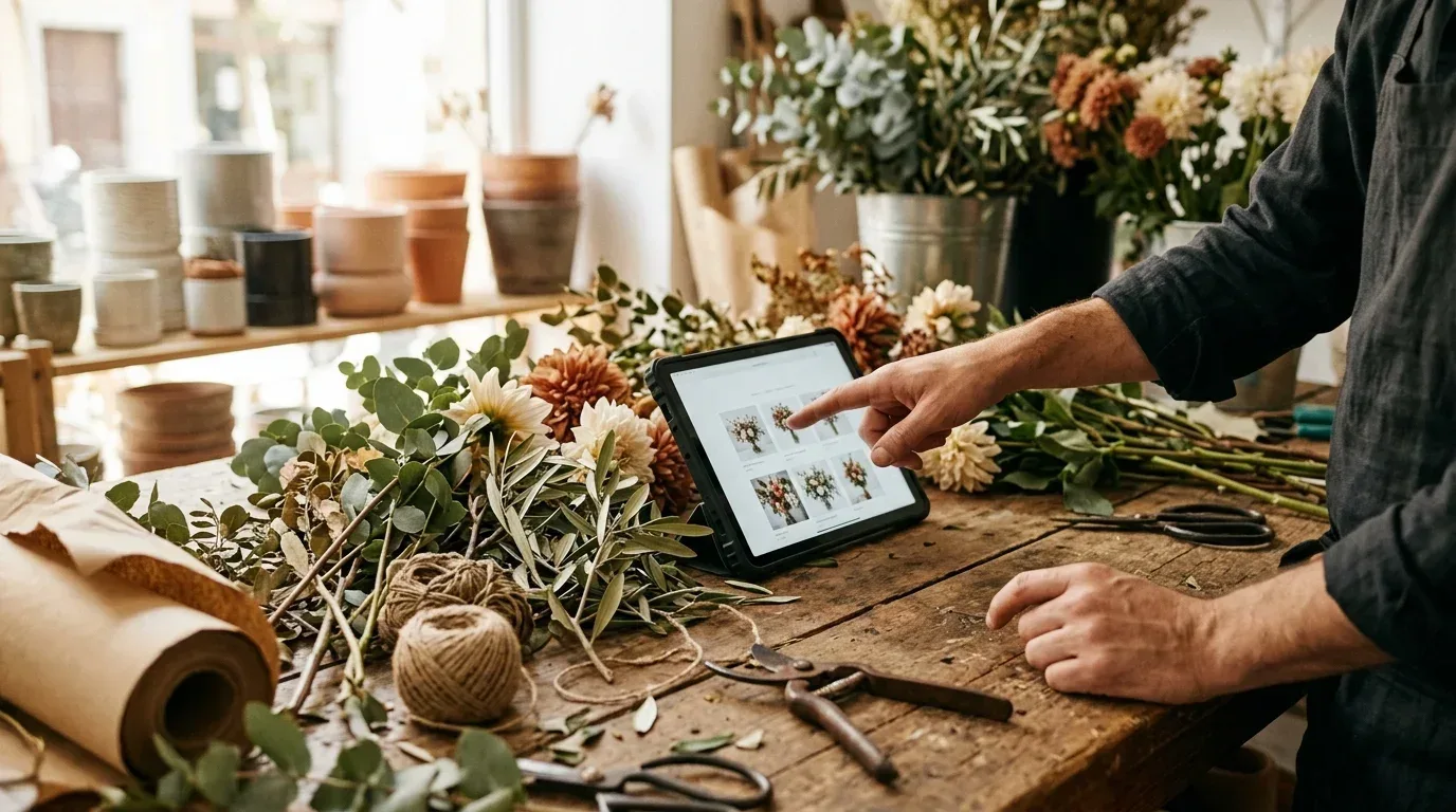 Mesa de trabajo de una floristería con flores cortadas, tijeras, papel kraft y una tablet que muestra el diseño de una página web