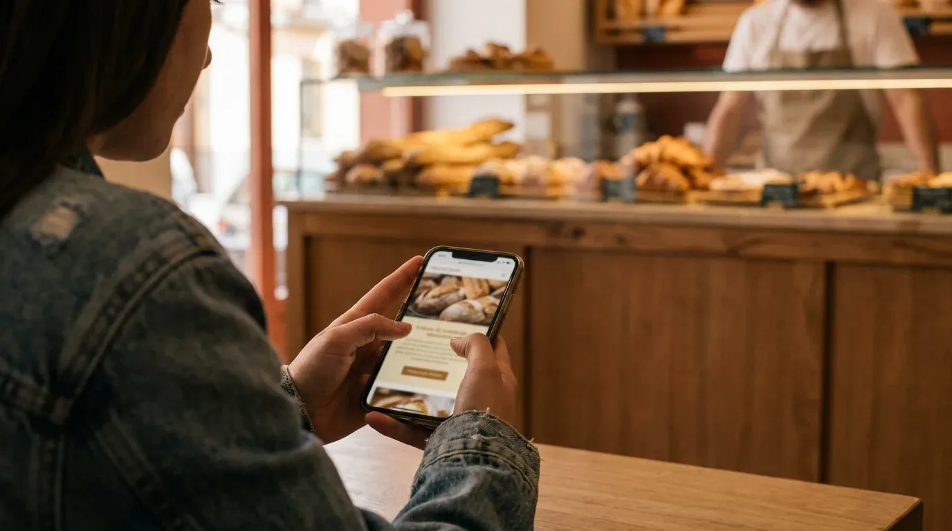 Una persona revisa en el móvil la web de una panadería de barrio, con el mostrador y el panadero desenfocados al fondo