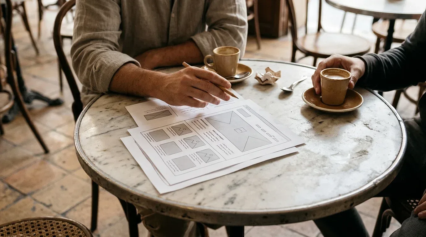 A cafe table with two cups and printed sheets showing the layout of a website