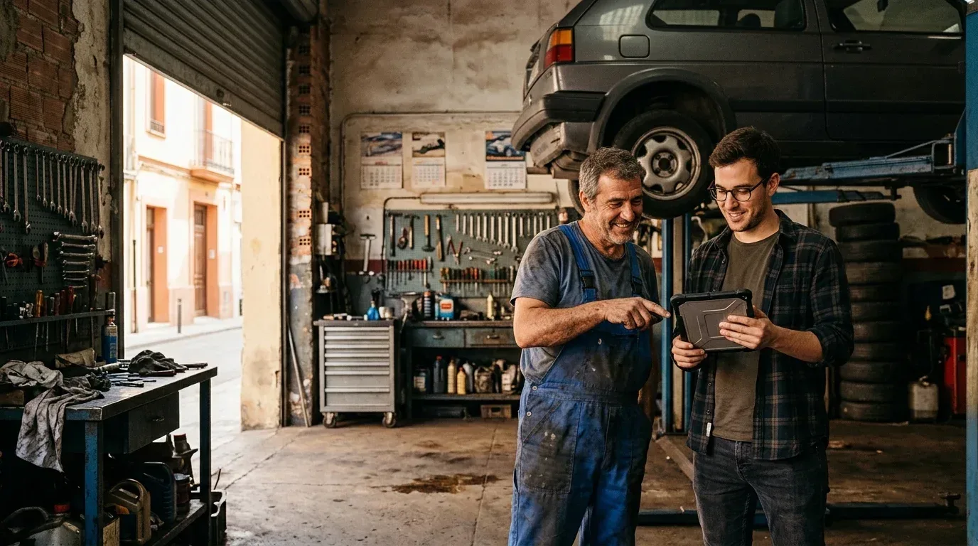 Un diseñador web enseña algo en una tableta al dueño de un taller mecánico, que sonríe y señala la pantalla, junto a la puerta del taller