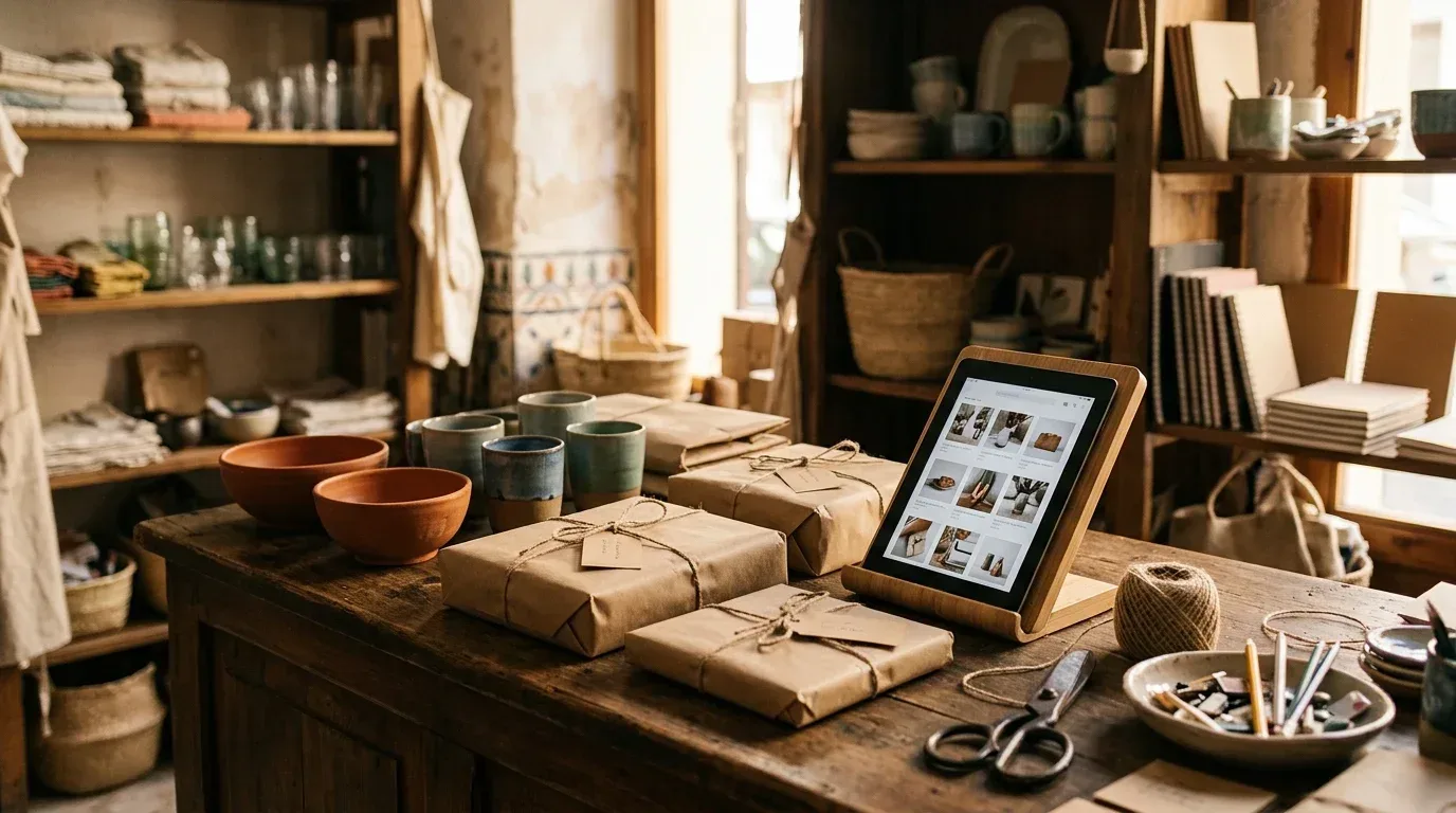 Un mostrador de tienda de barrio con una tablet apoyada que muestra una cuadrícula de productos